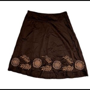Old Navy Women’s Dark Brown Cotton A-Line Midi Skirt Size 8 Embroidered